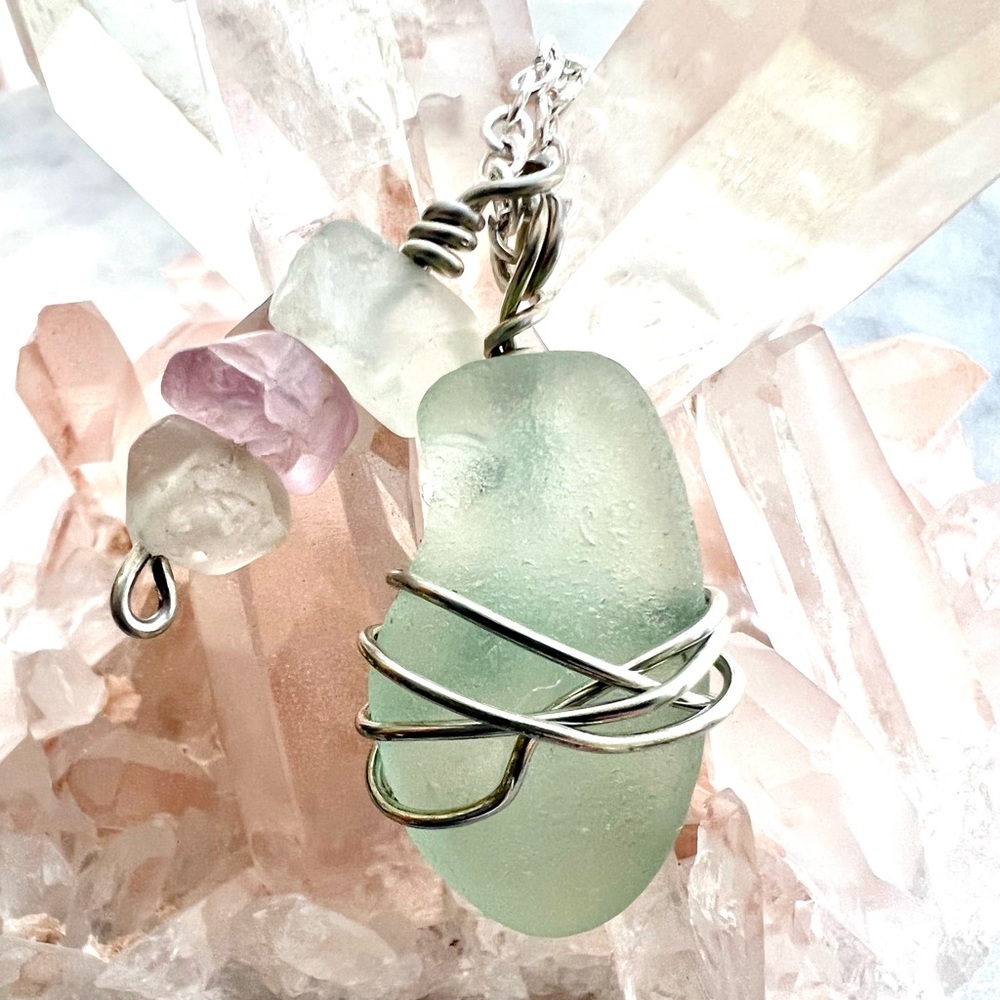 Seaglass + Fluorite Crystal Clasp Handmade Necklace